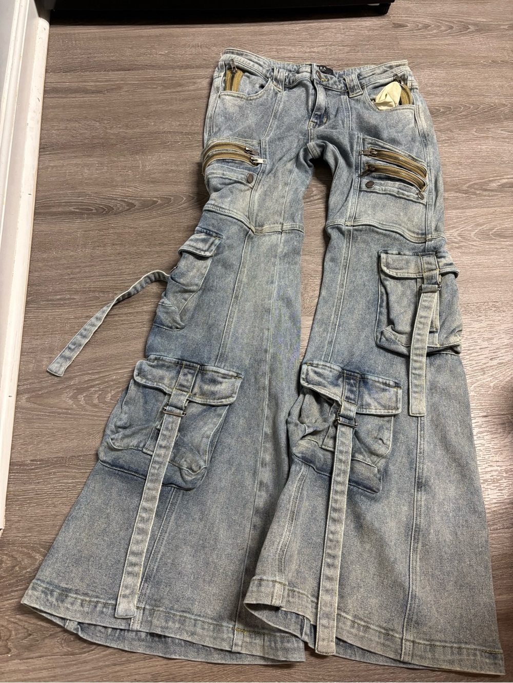 AKIRA Washed Light Blue Cargo Flare Jeans with Utility Pockets
